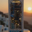 The Aegean Alley miniature Greek island book nook glowing at dusk, slow cinematic showcase