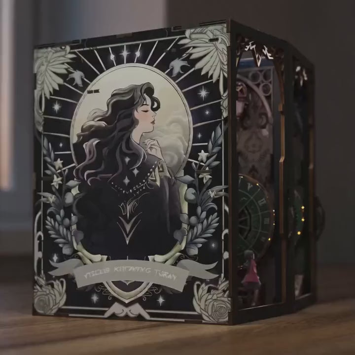 The Clockwork Apothecary book nook lighting up, brass gears and emerald glow