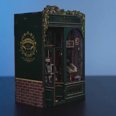 The Owl Bookshop lights glow to life, a cinematic product showcase of the DIY book nook kit