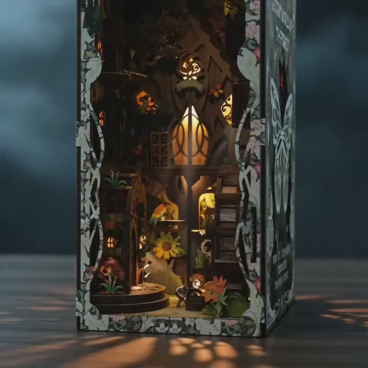 The Fairy Glen enchanted treehouse book nook showcase, interior lanterns glowing warm amber as the camera drifts closer