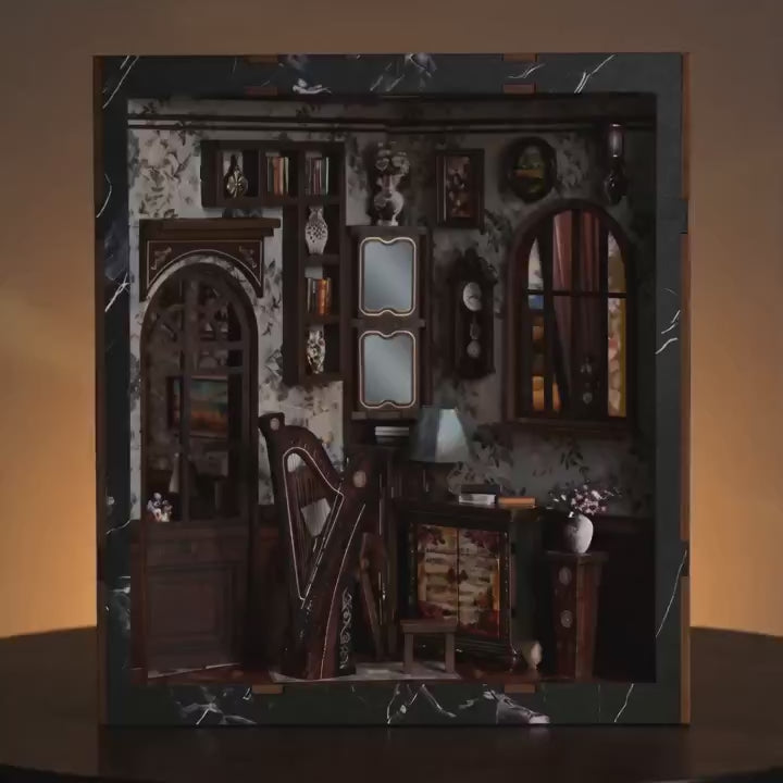 The Music Room miniature Victorian music room showcase, lights glowing to life
