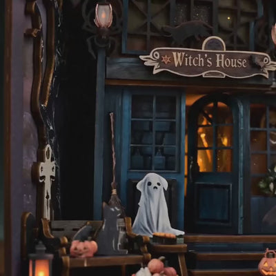 The Haunted Manor book nook showcase, lights glowing to life