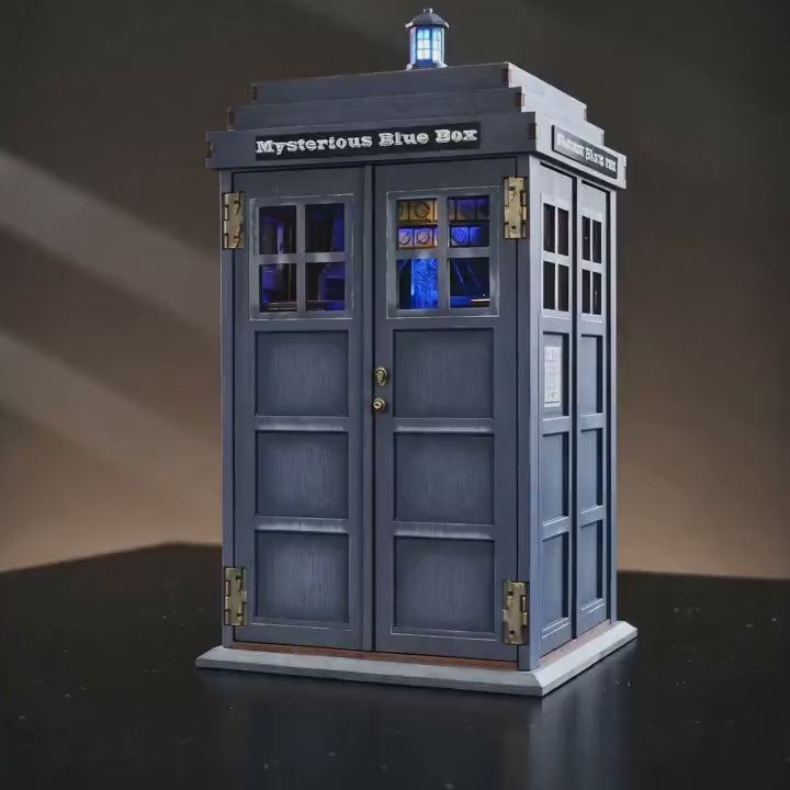 The Time Booth showcase, the police box opens and the time-machine console glows to life