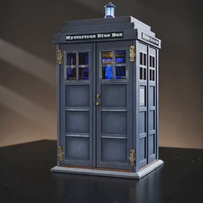 The Time Booth showcase, the police box opens and the time-machine console glows to life