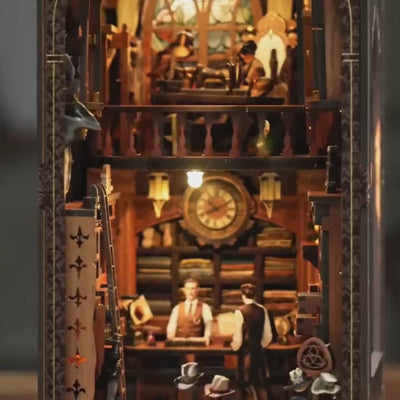 The Reading Room book nook product showcase, camera glides around the lit antique library at dusk