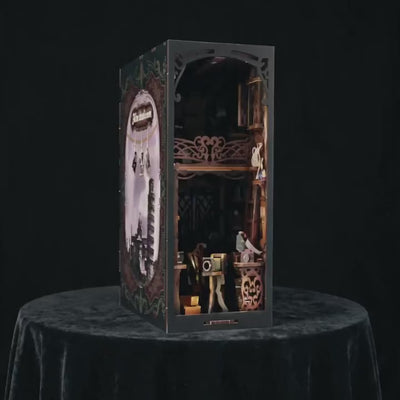 The Darkroom book nook lighting up, a calm product showcase of the vintage photographer's studio