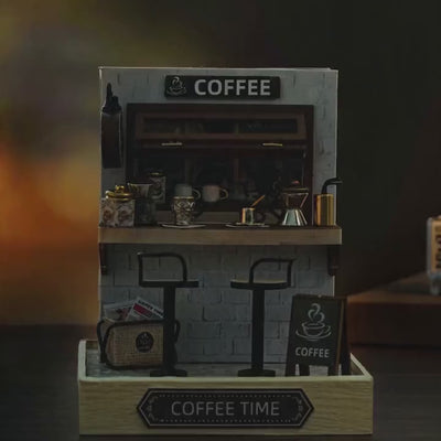 The Espresso Bar showcase, the lit coffee bar interior glows to life