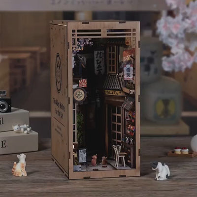 The Cat's Alley book nook glowing to life, lights-on video