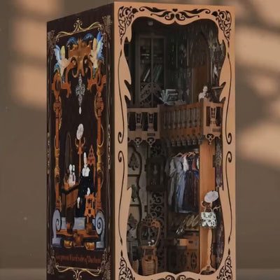 The Dressing Room book nook showcase, warm LED lights glowing to life
