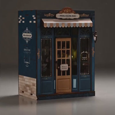 The Corner Bookshop DIY book nook showcase, slow push-in as the warm interior lights glow to life