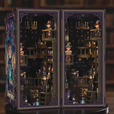 The Alchemy Academy book nook showcase, interior LED lights glowing