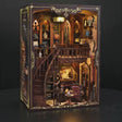The Cathedral Library DIY book nook kit showcase, warm interior lights glowing
