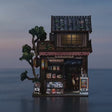 The Corner Store miniature roombox lighting up at dusk, a calm product showcase