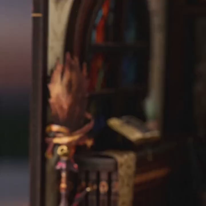 The Potion Workshop miniature roombox showcase, lights glowing to life