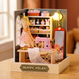 The Sewing Corner DIY miniature roombox showcase, lights glowing warm