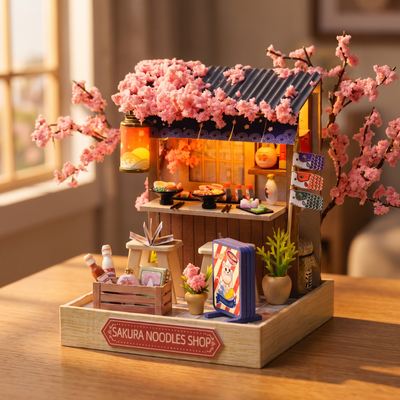 The Ramen Stall miniature kit showcase, lantern and counter glowing at dusk