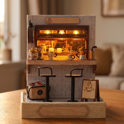 The Espresso Bar showcase, the lit coffee bar interior glows to life