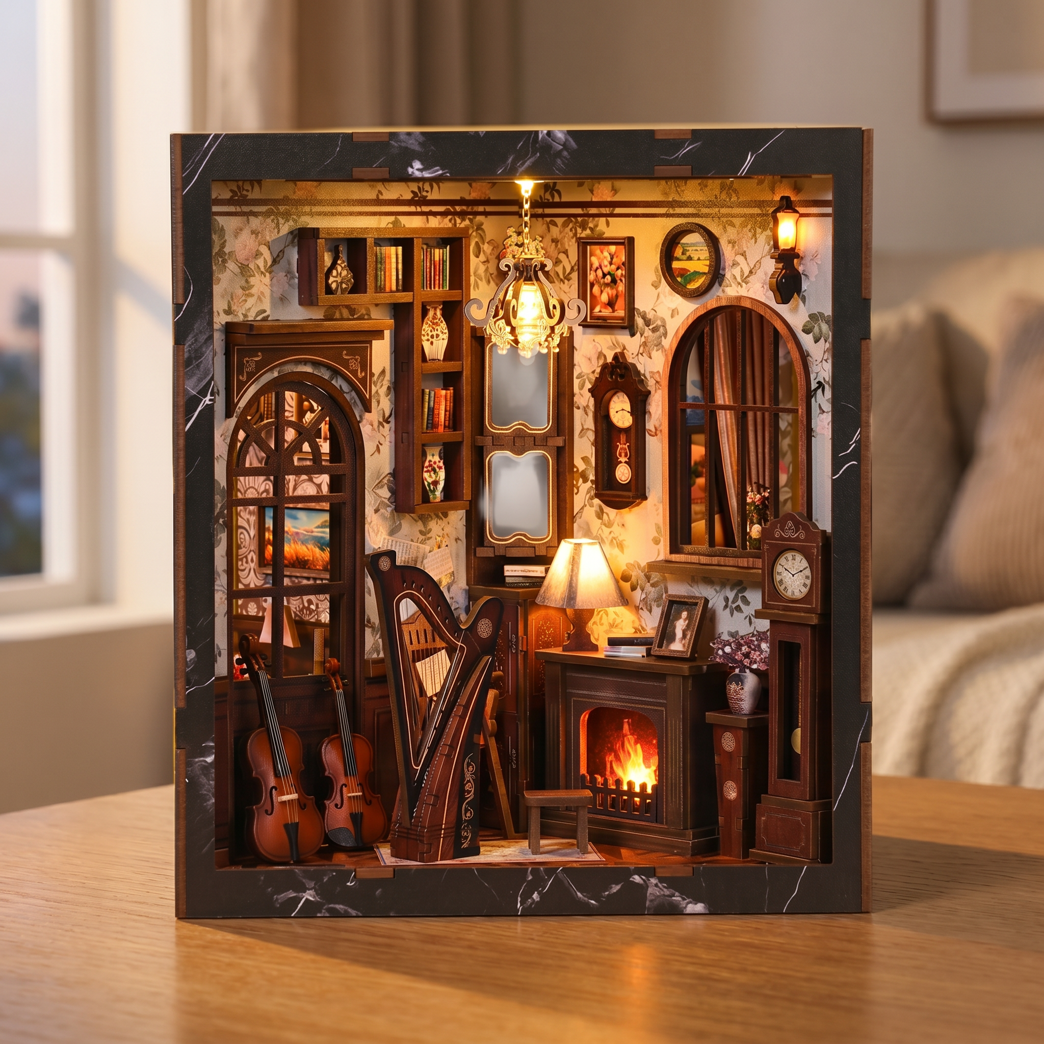 The Music Room miniature Victorian music room showcase, lights glowing to life