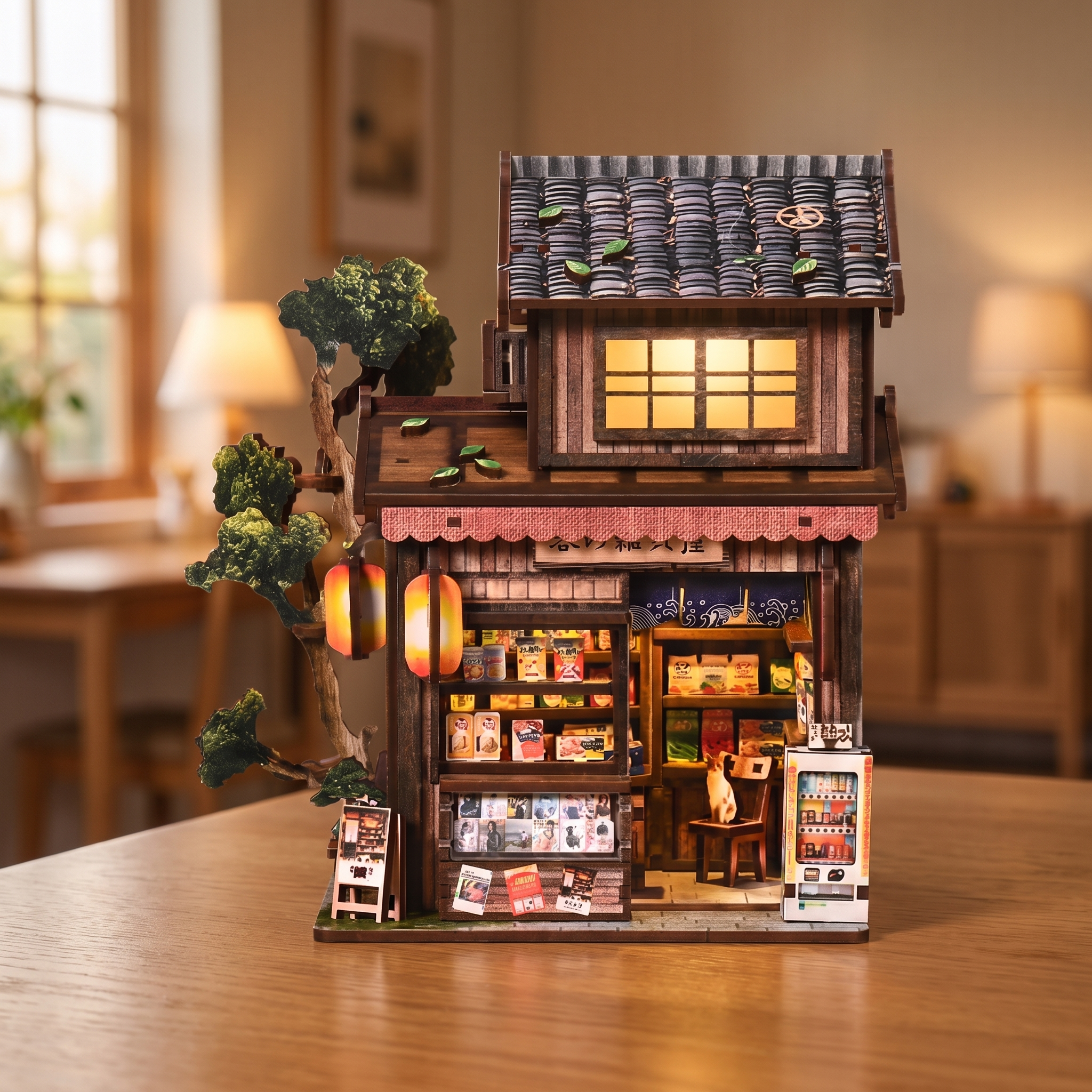 The Corner Store miniature roombox lighting up at dusk, a calm product showcase