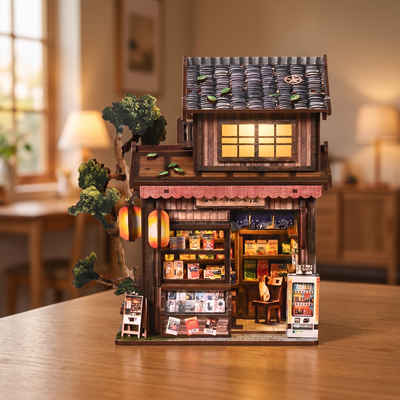 The Corner Store miniature roombox lighting up at dusk, a calm product showcase