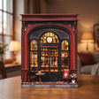 The Coffee Corner miniature coffee shop showcase, lights glowing warm
