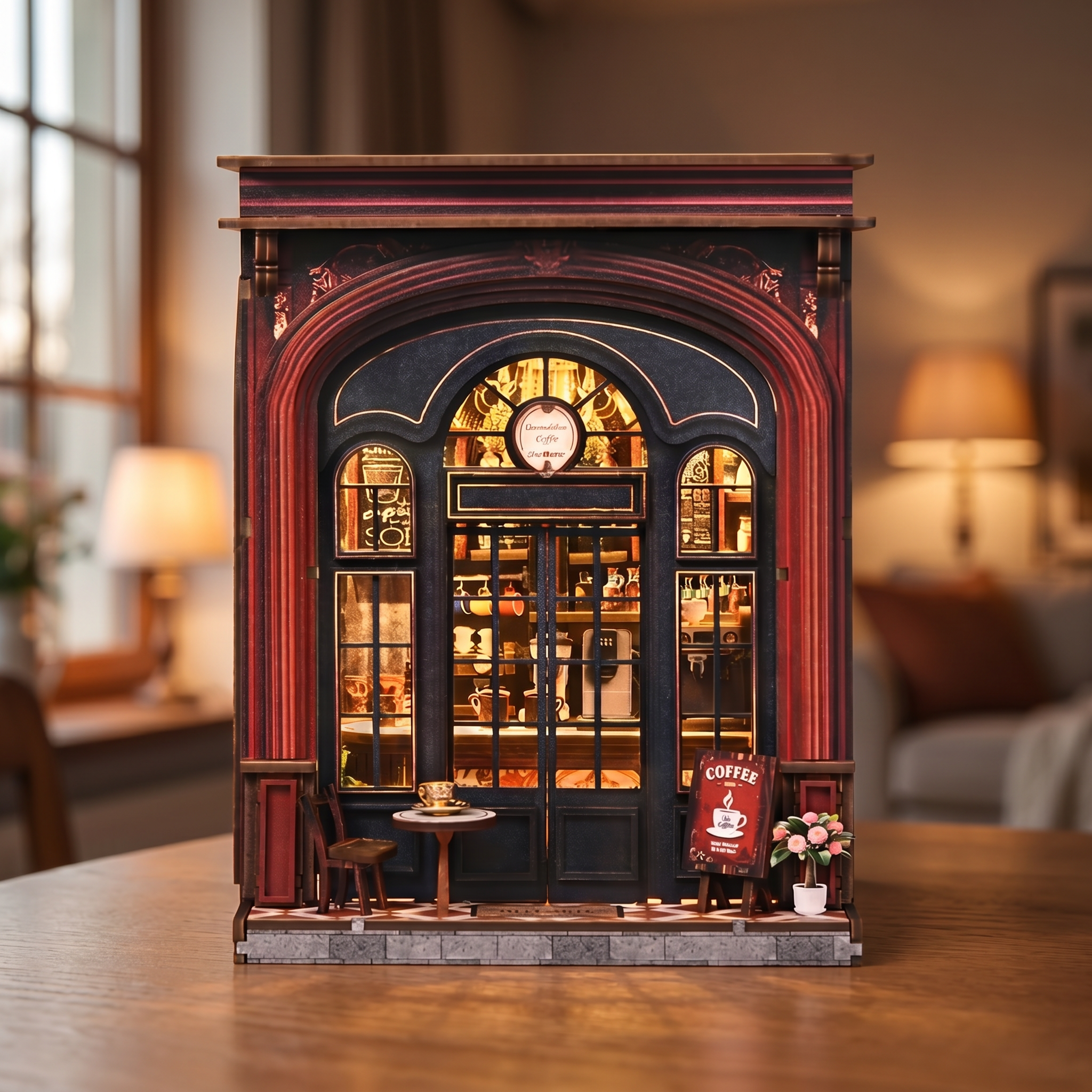 The Coffee Corner miniature coffee shop showcase, lights glowing warm