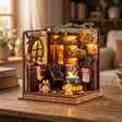 The Potion Workshop miniature roombox showcase, lights glowing to life