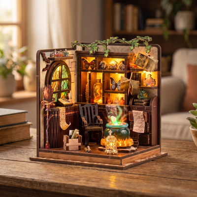 The Potion Workshop miniature roombox showcase, lights glowing to life