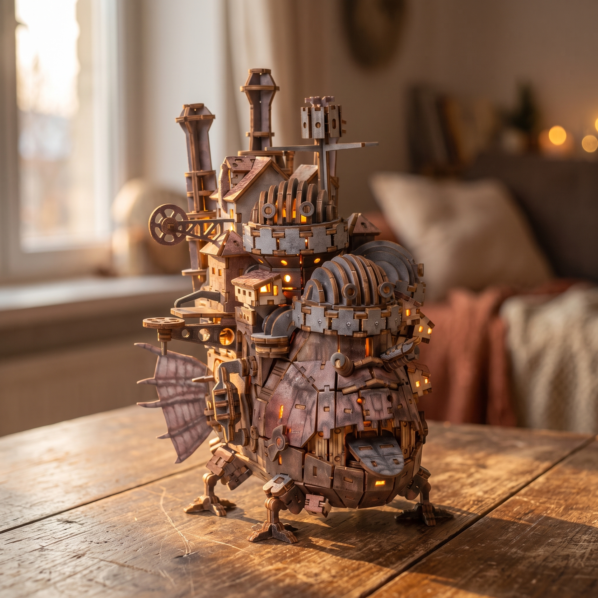 The Moving Castle steampunk walking castle sculpture, slow cinematic turn in daylight