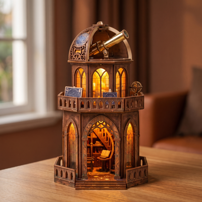 The Observatory tower showcase, warm LED lights glowing to life at dusk