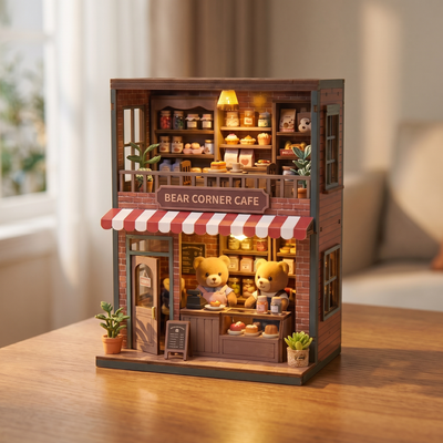 The Teddy Bear Shop miniature corner shop, slow cinematic showcase with warm LED lighting