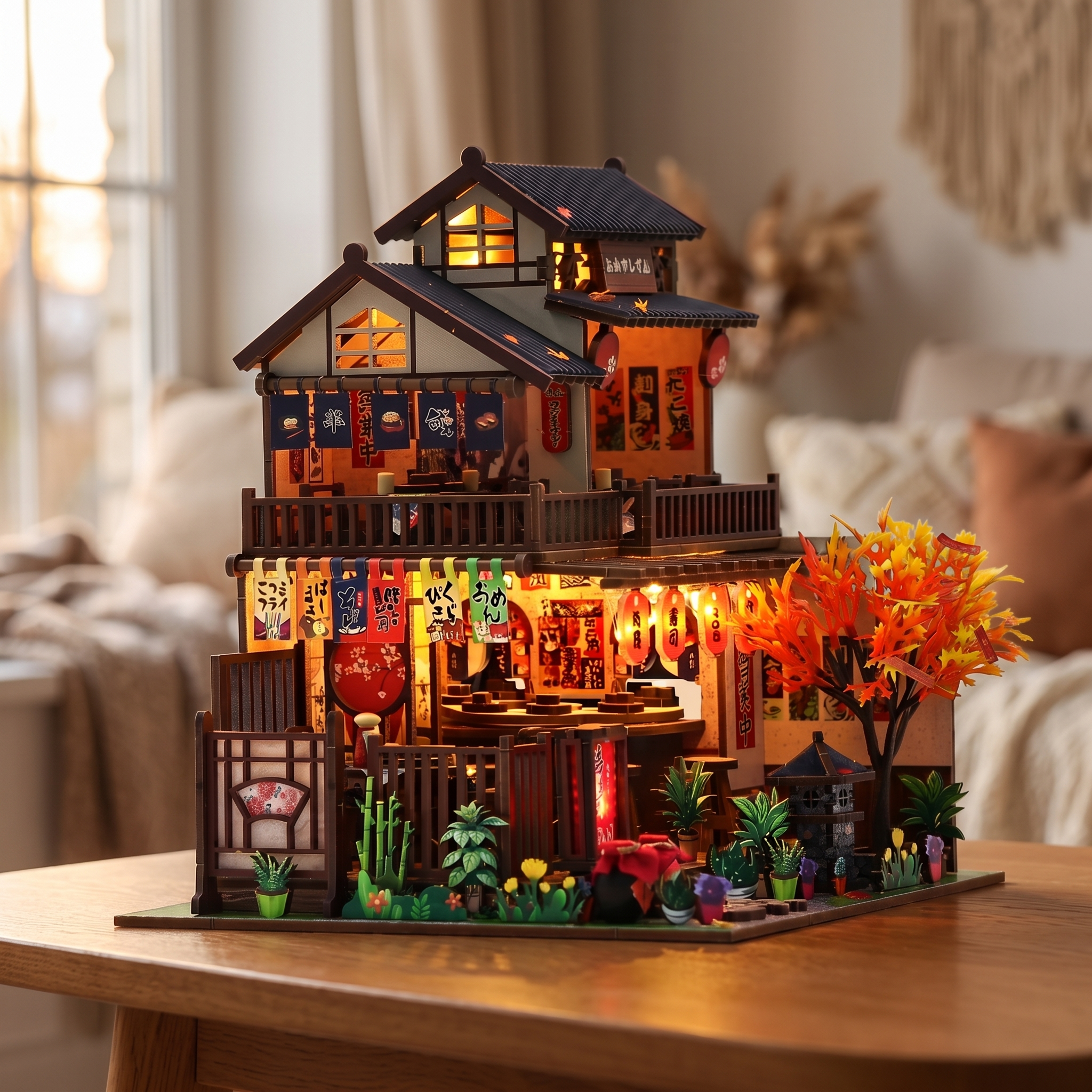The Maple Teahouse lit miniature slowly revealed on a bright cream studio background