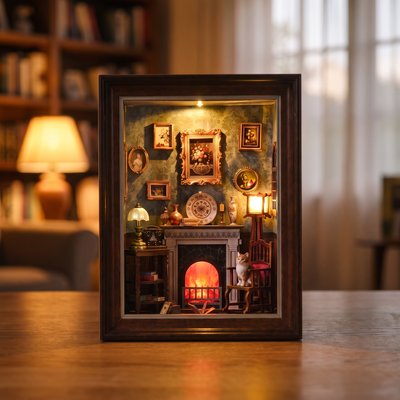 The Fireside Parlour DIY Book Nook Kit, cinematic showcase of the glowing Victorian parlour
