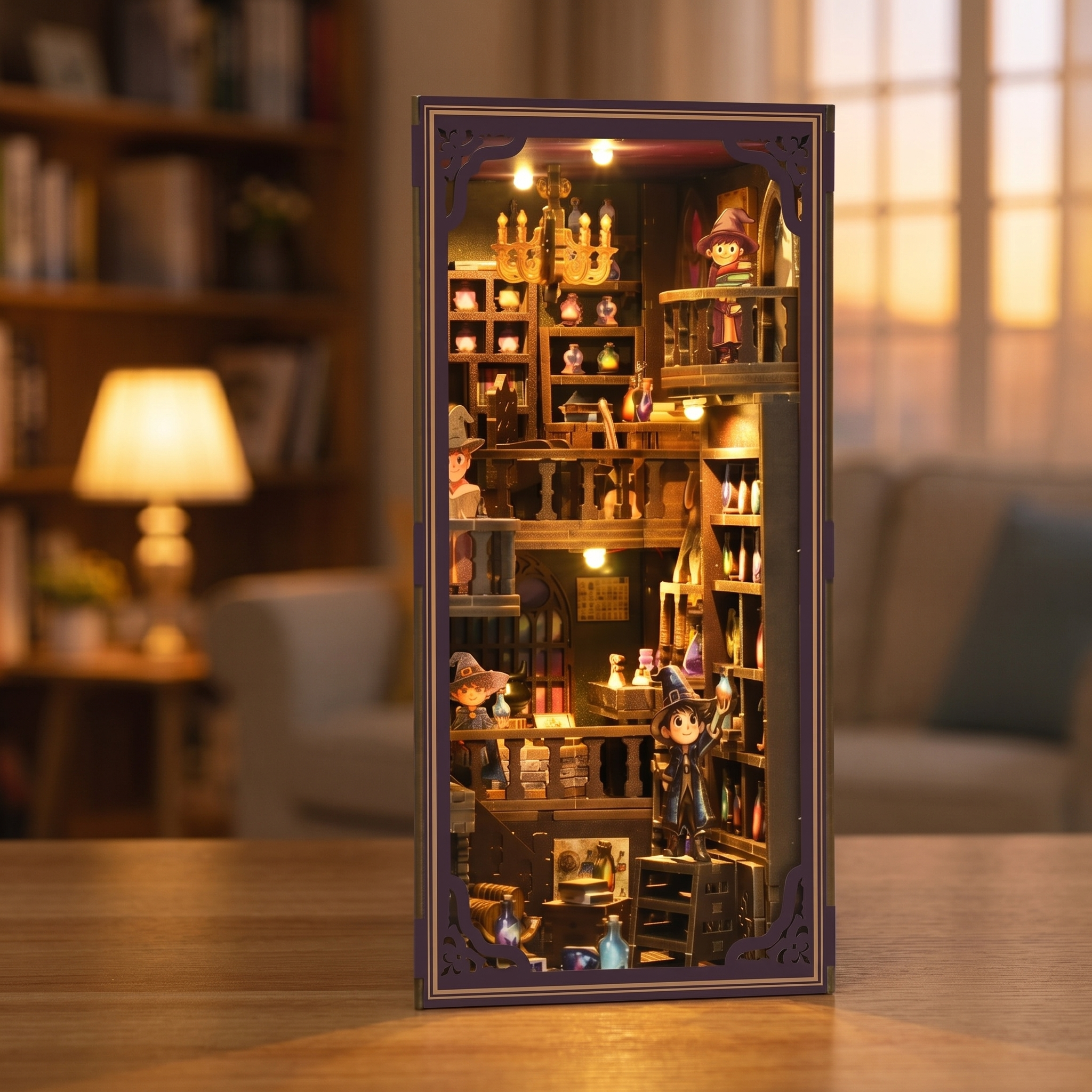 The Alchemy Academy book nook showcase, interior LED lights glowing