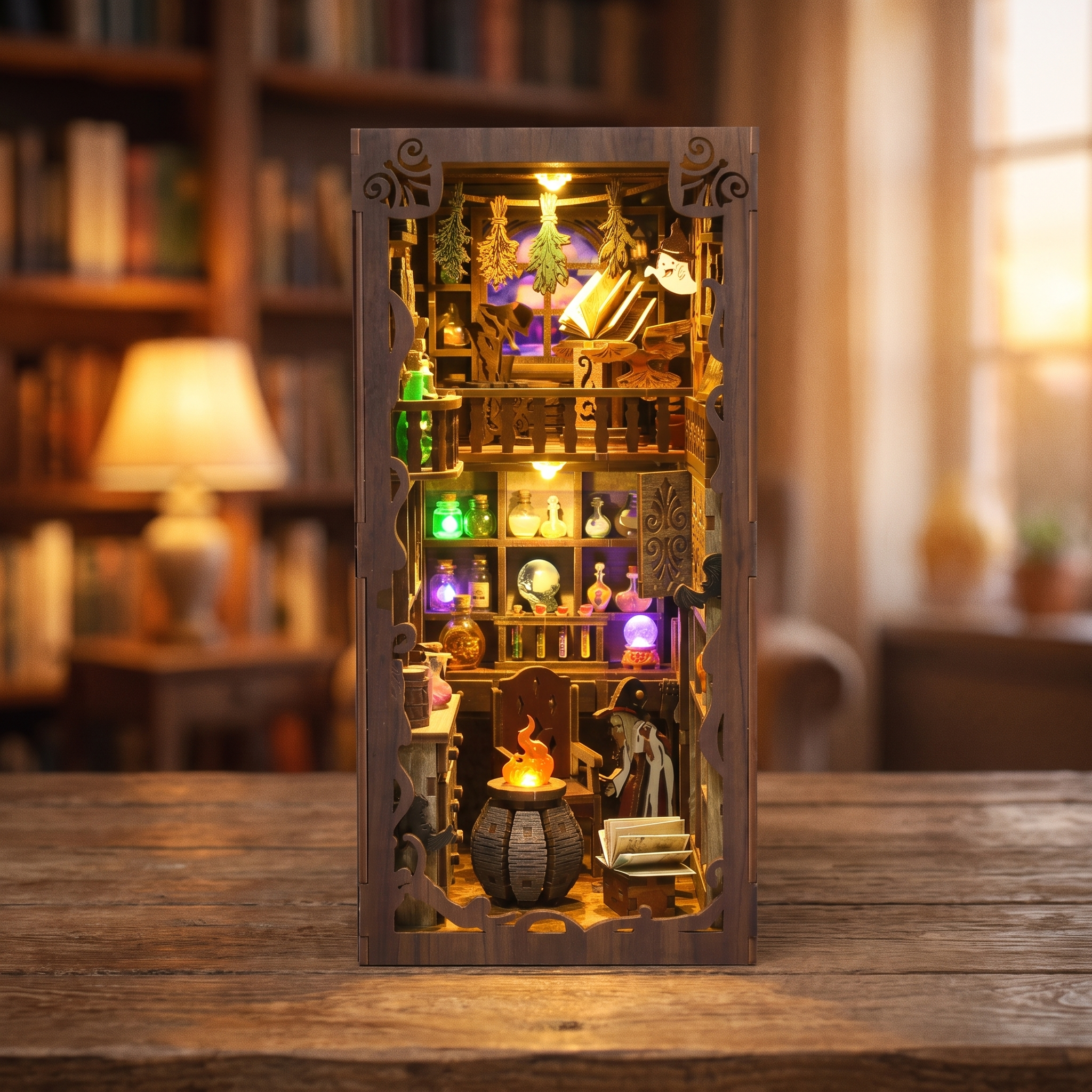 The Apothecary book nook showcase, interior LED lights glowing to life