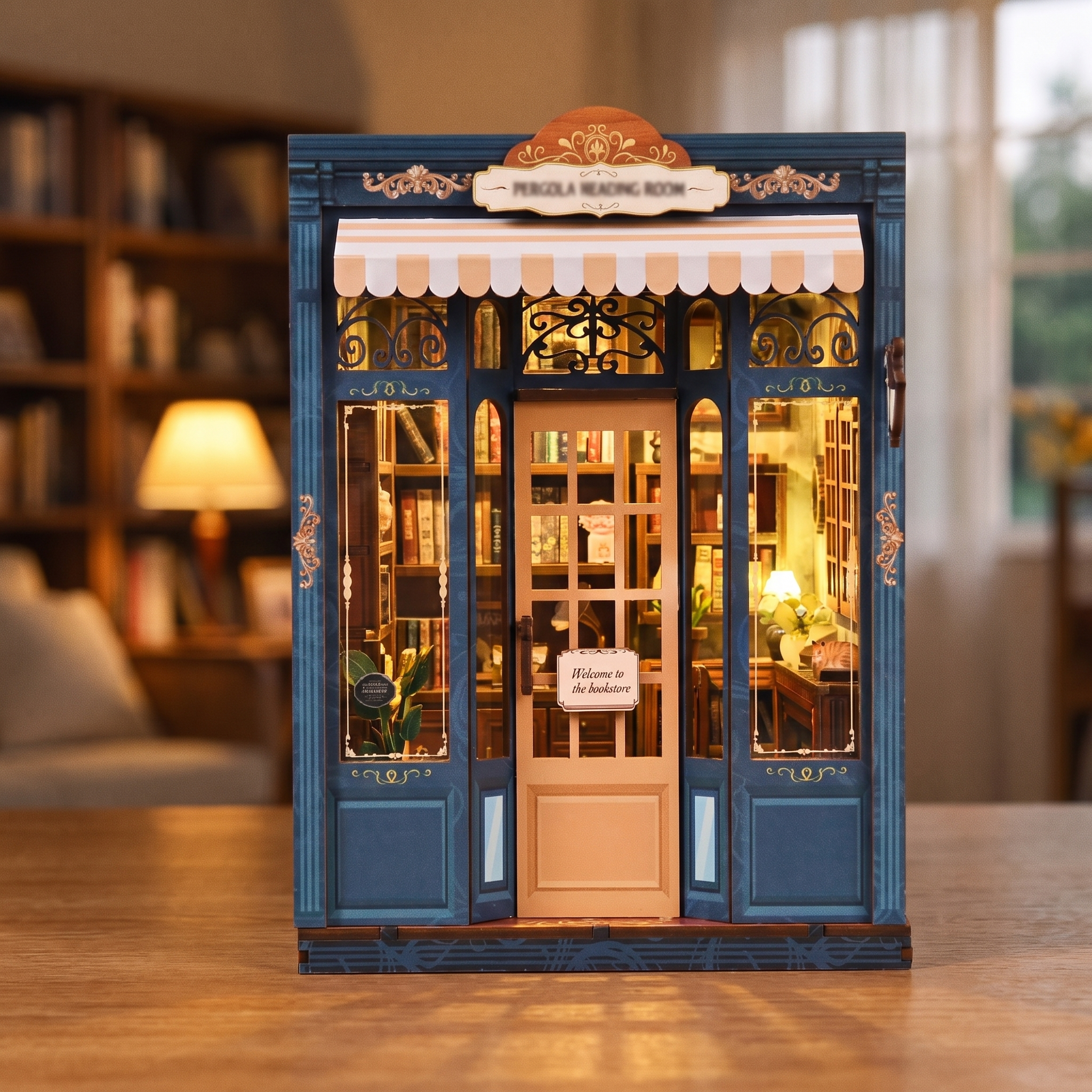 The Corner Bookshop DIY book nook showcase, slow push-in as the warm interior lights glow to life