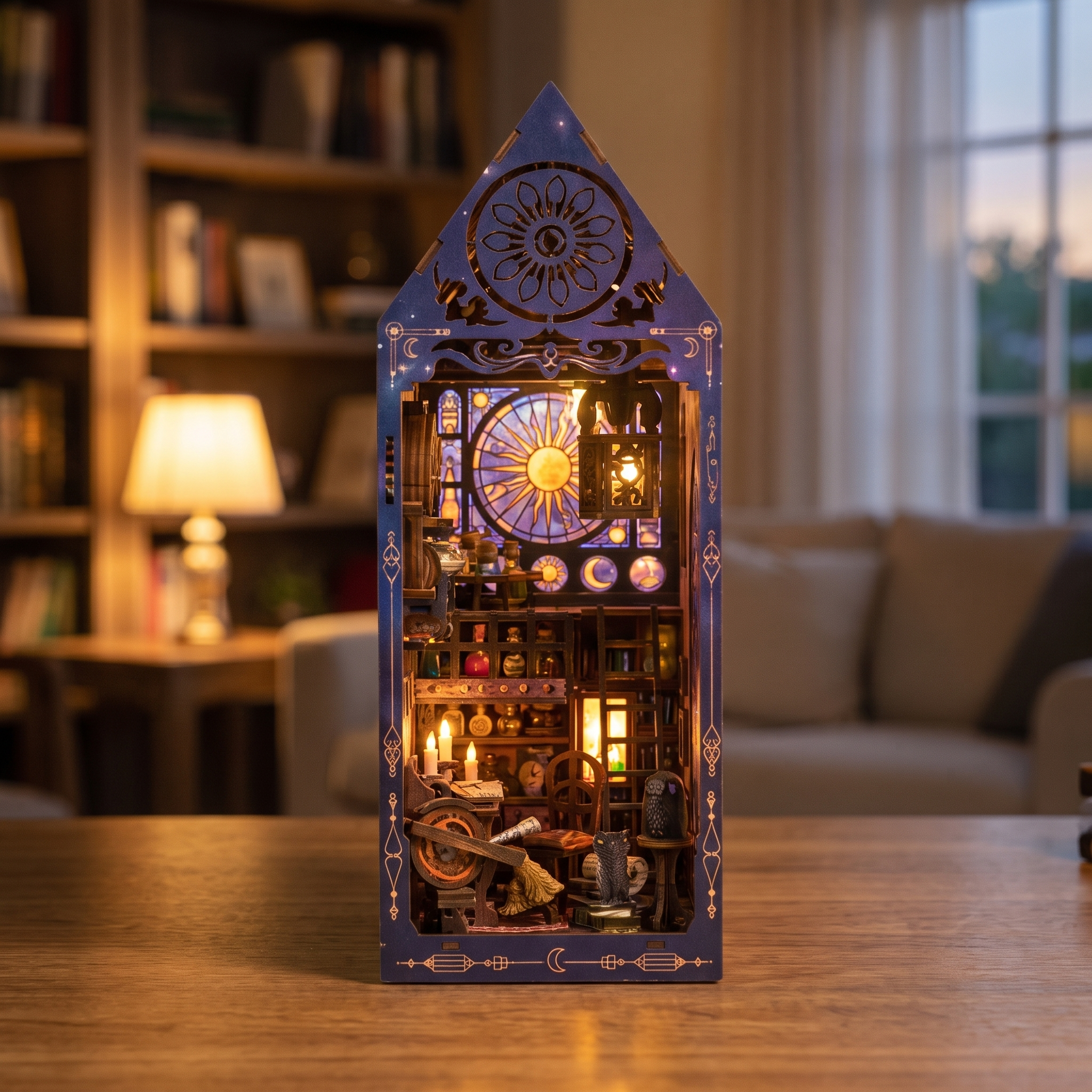 The Arcane Tower DIY book nook showcase, interior lights glowing warm in a wizard study tower