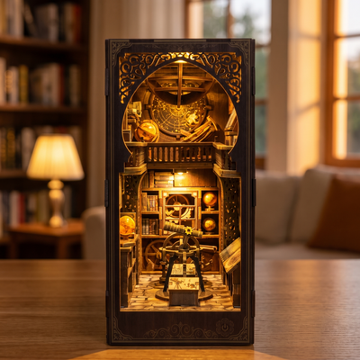 The Stargazer observatory book nook showcase, interior lamps glowing warm amber as the camera drifts closer