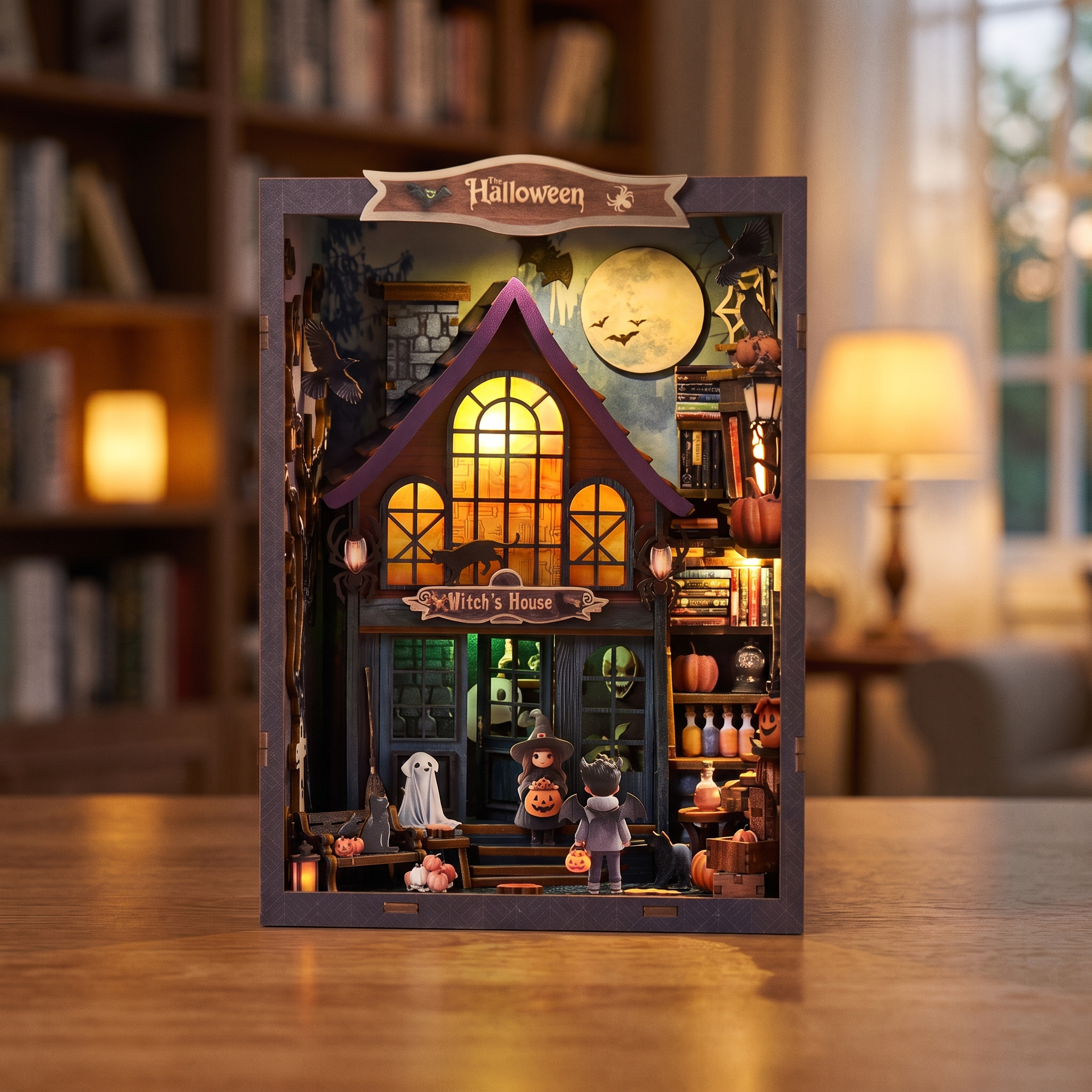 The Haunted Manor book nook showcase, lights glowing to life