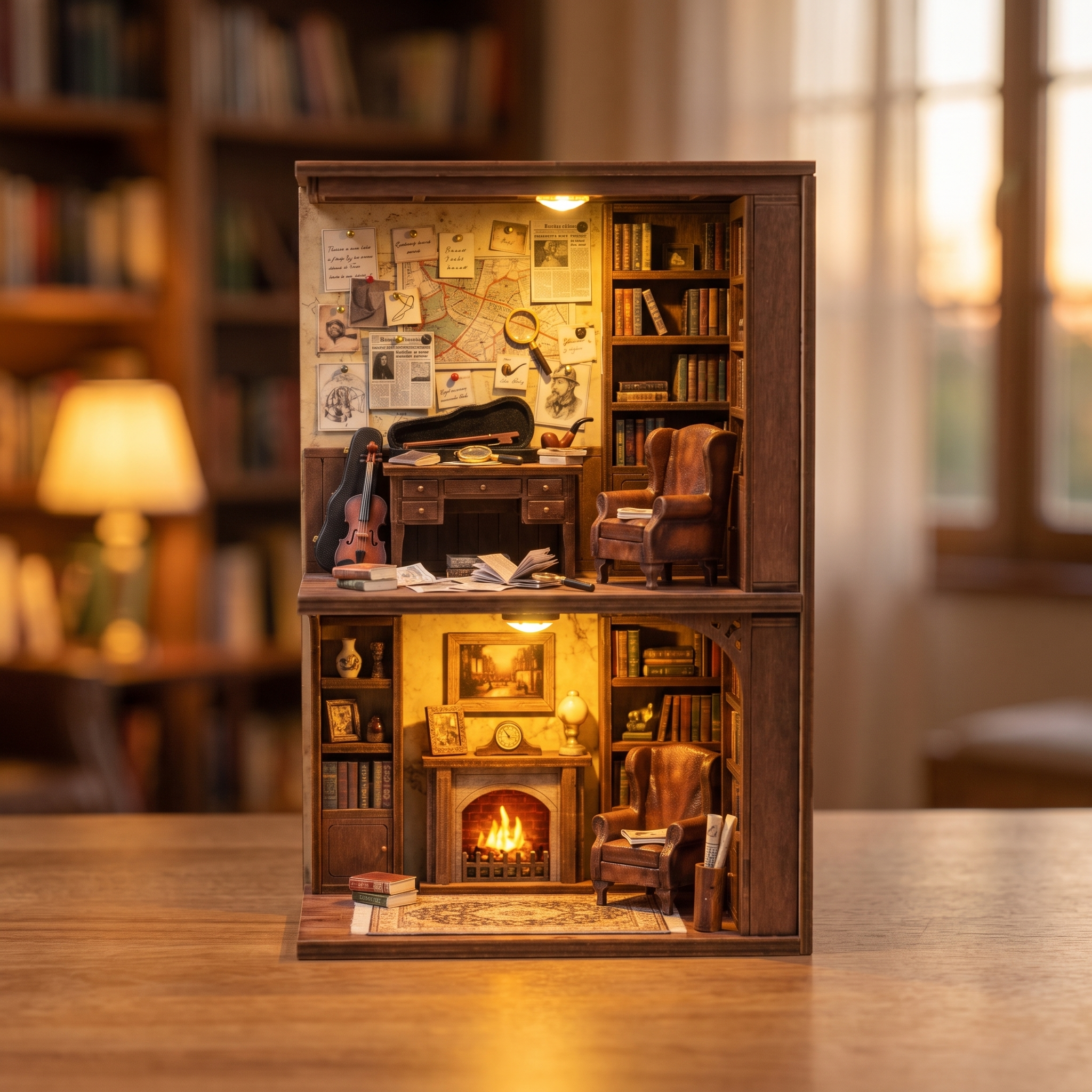 The Detective's Study showcase video, lights glowing to life