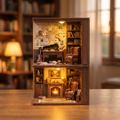 The Detective's Study showcase video, lights glowing to life