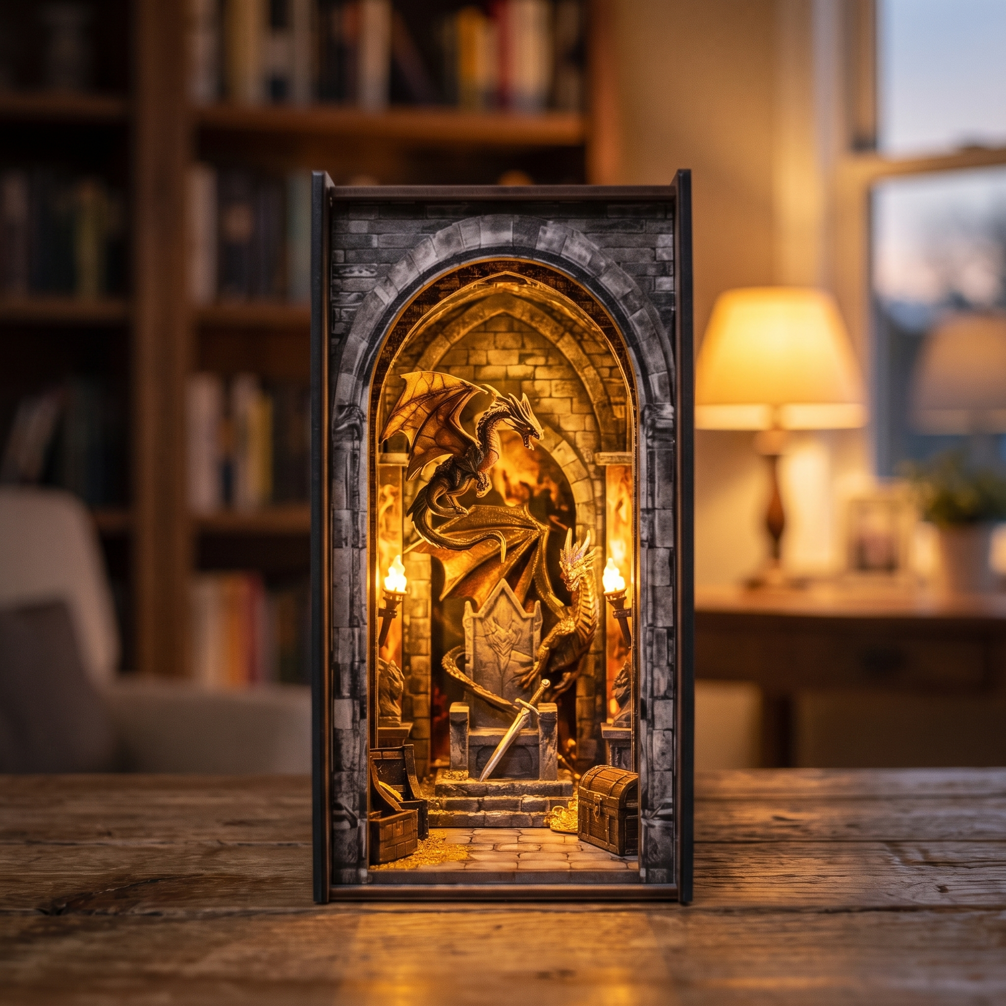 The Dragon's Keep book nook showcase, warm interior glowing to life