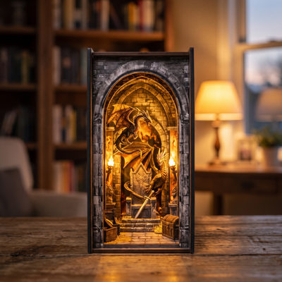 The Dragon's Keep book nook showcase, warm interior glowing to life