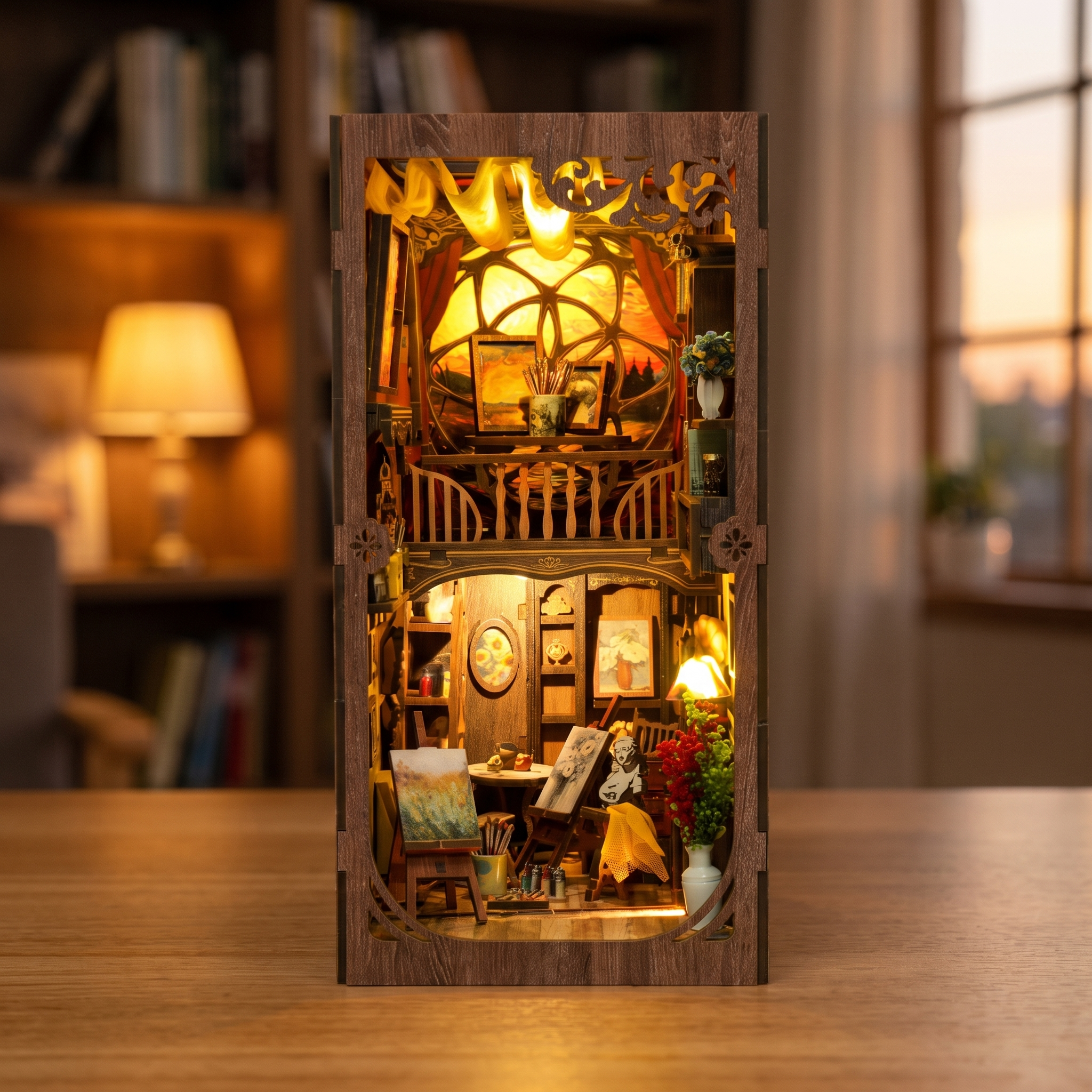The Artist's Studio book nook showcase, lights glowing to life