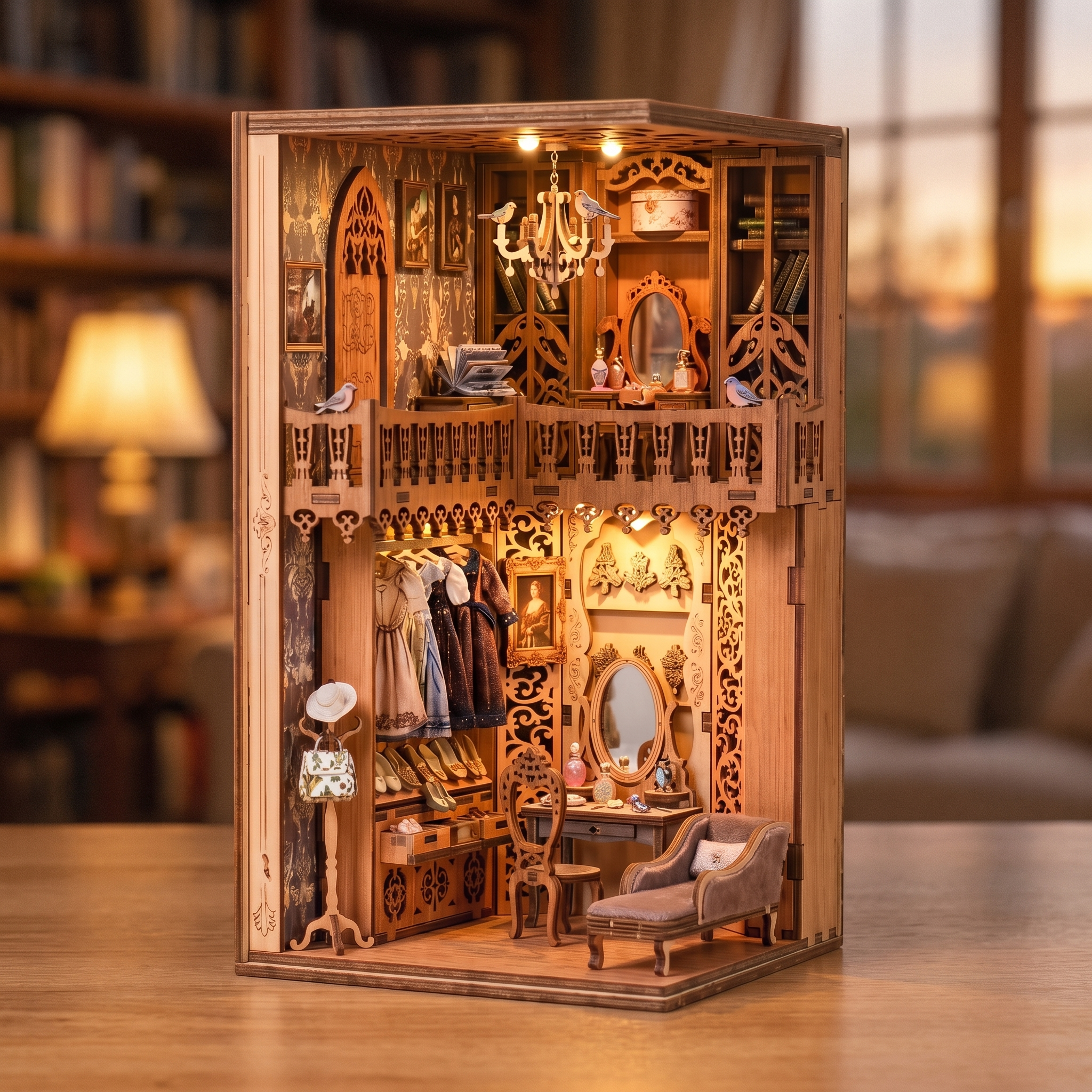 The Dressing Room book nook showcase, warm LED lights glowing to life