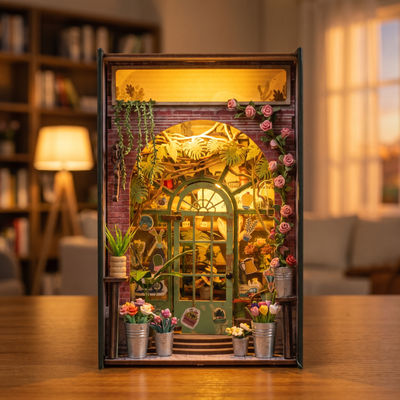 The Blossom House miniature red-brick florist book nook, lit product showcase