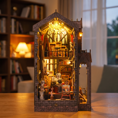 Building The Painter's Atelier by hand until its LED lights glow