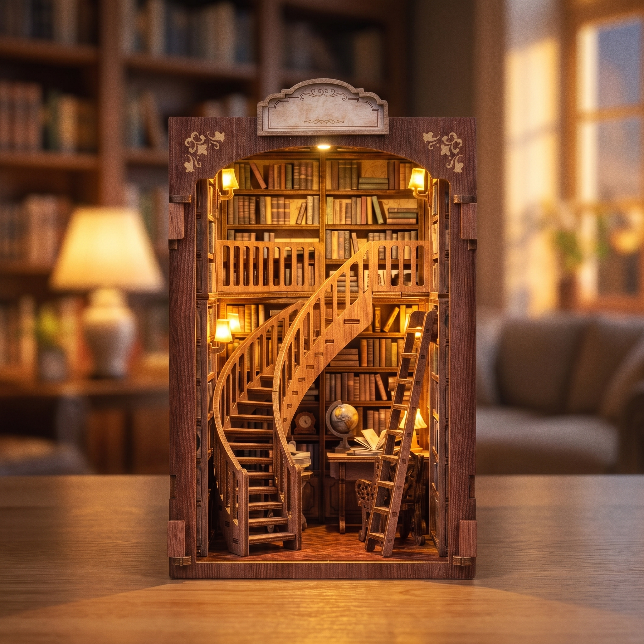 The Book Emporium DIY book nook showcase, lights glowing to life