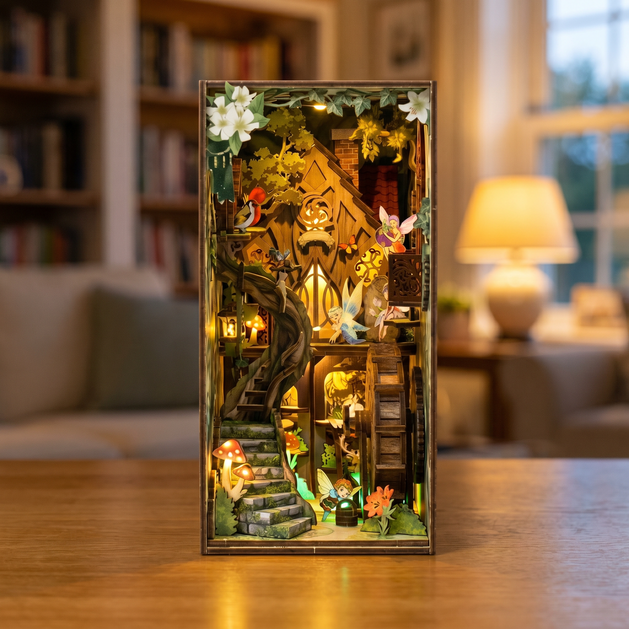 The Fairy Glen enchanted treehouse book nook showcase, interior lanterns glowing warm amber as the camera drifts closer