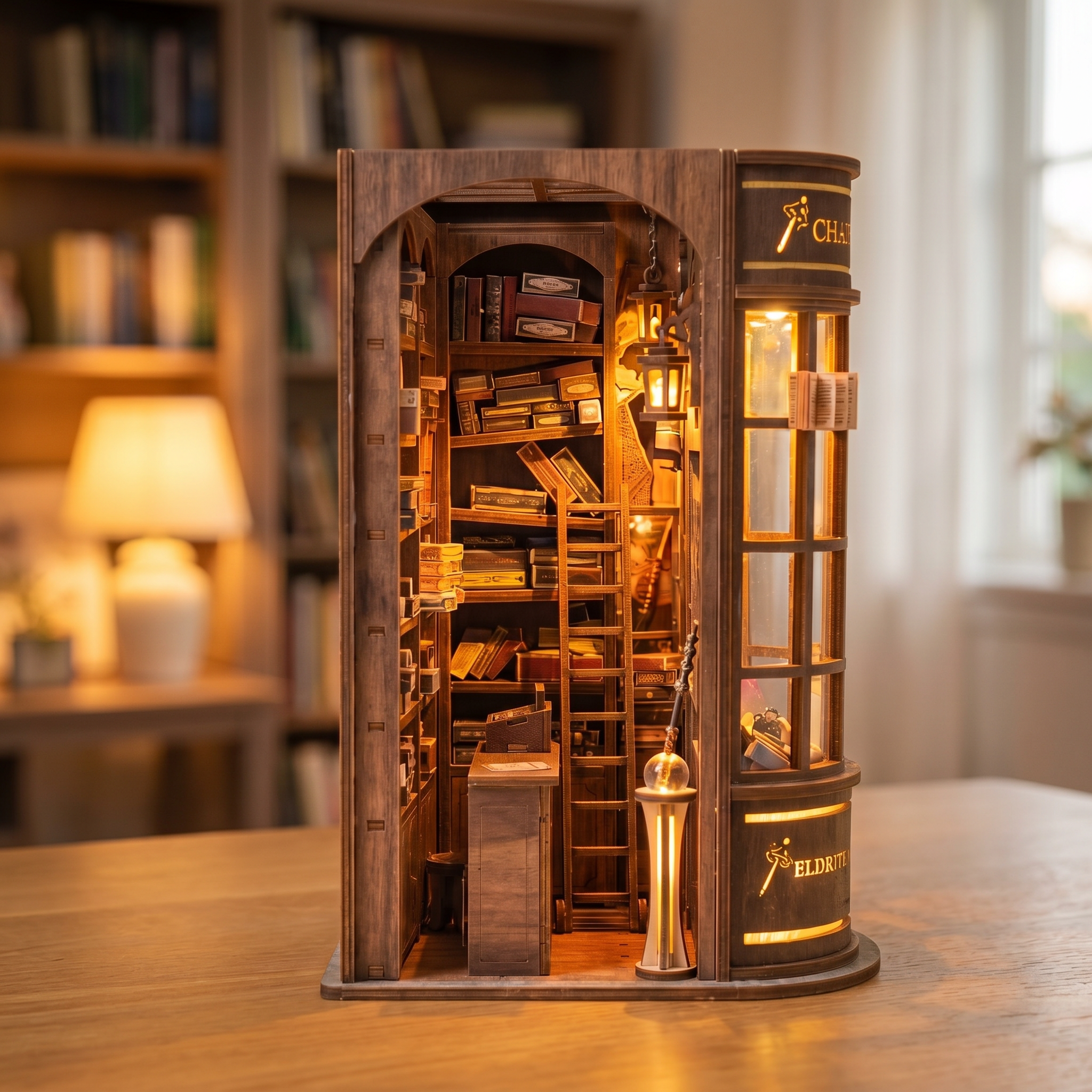 The Wand Shop book nook showcase, warm lights glowing to life over shelves of wand boxes
